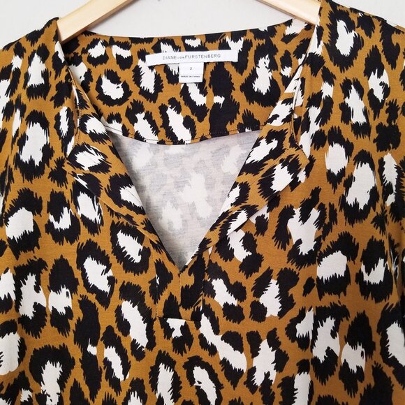 DVF Diane von Furstenberg Reina Long Sleeve Silk Blend Tunic Dress 2 Leopard - Picture 4 of 13
